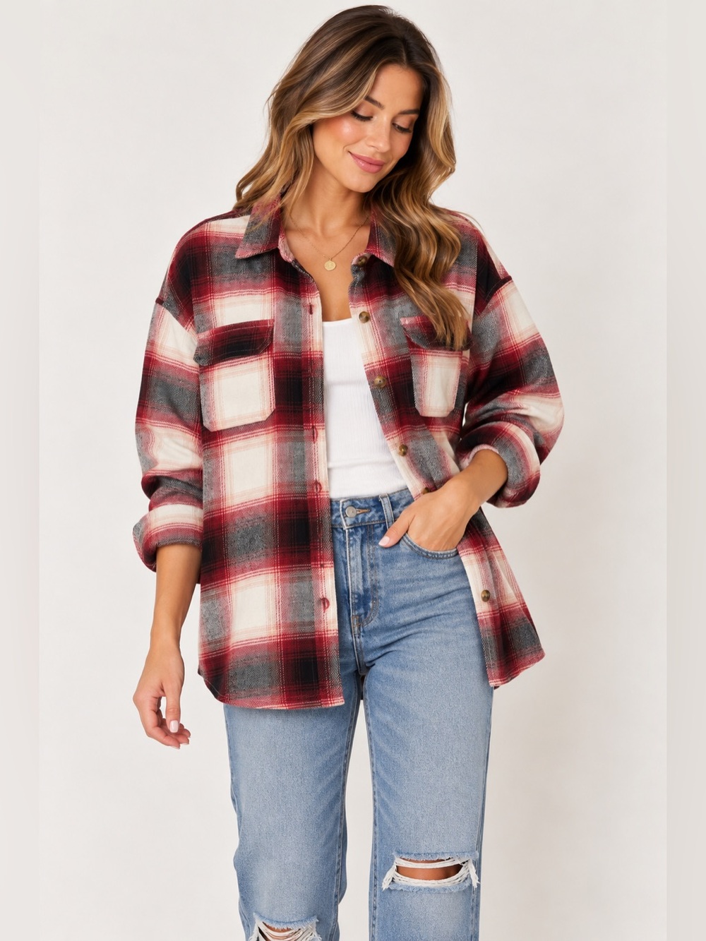 Hollister Plaid Boyfriend Fit Flannel Shacket Red Size L